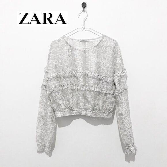 Zara Printed Lace Top with Frills Silver Gray White Small New - Picture 8 of 11